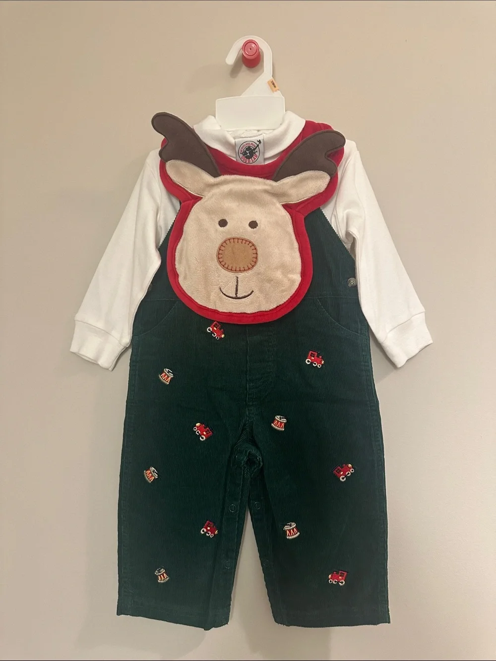 Good Lad of Philadelphia Green Corduroy Overalls with Reindeer Bib and White Tee